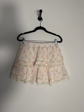 Francesca's Collections Cream Mini Skirt with Pink Floral Embroidery